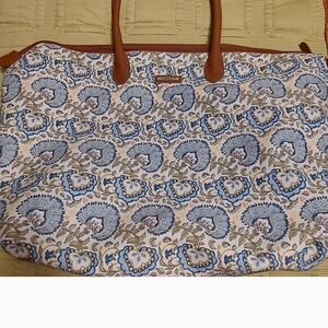 New Longaberger Sisters Floral Blue/Tan/Cream and Brown Handles Tote Travel Bag